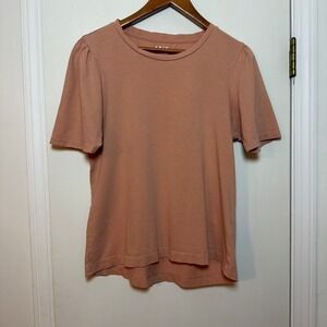 ABLE Crew Neck Puff Sleeve T Shirt Peach Coral Cotton Size L